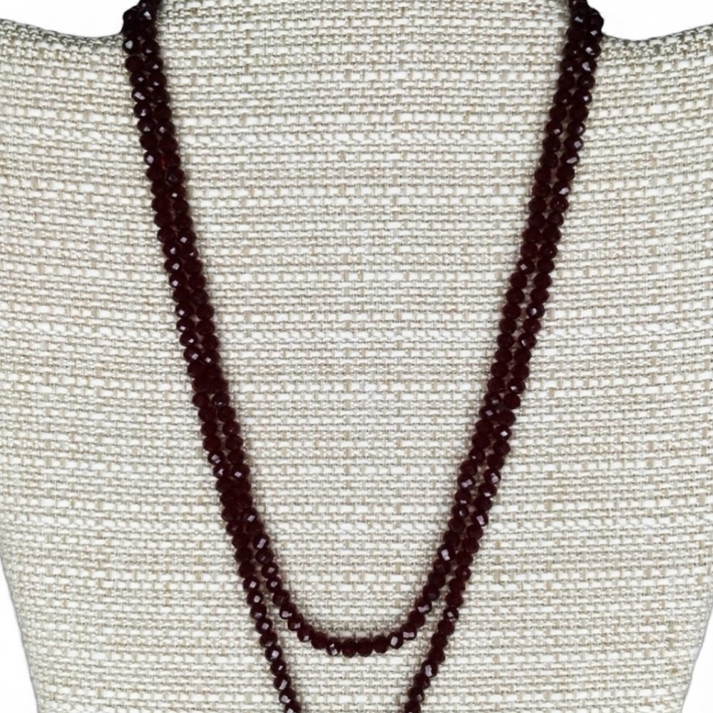 Vintage Garnet Red Sparkly Faceted Crystal Stacked Tassel Necklace – 36" Long - Picture 7 of 15